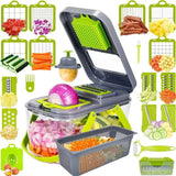 Cortador de verduras 12 en 1 multifuncional y manual con múltiples cuchillas intercambiables. Incluye contenedor y accesorios para picar, rallar y rebanar fácilmente.