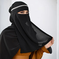 Middle East Chiffon Hijab With Rhinestone Mesh Mask Tie Instant Hijab Islamic Plain Color Scarf Middle East Full Cover Khimars