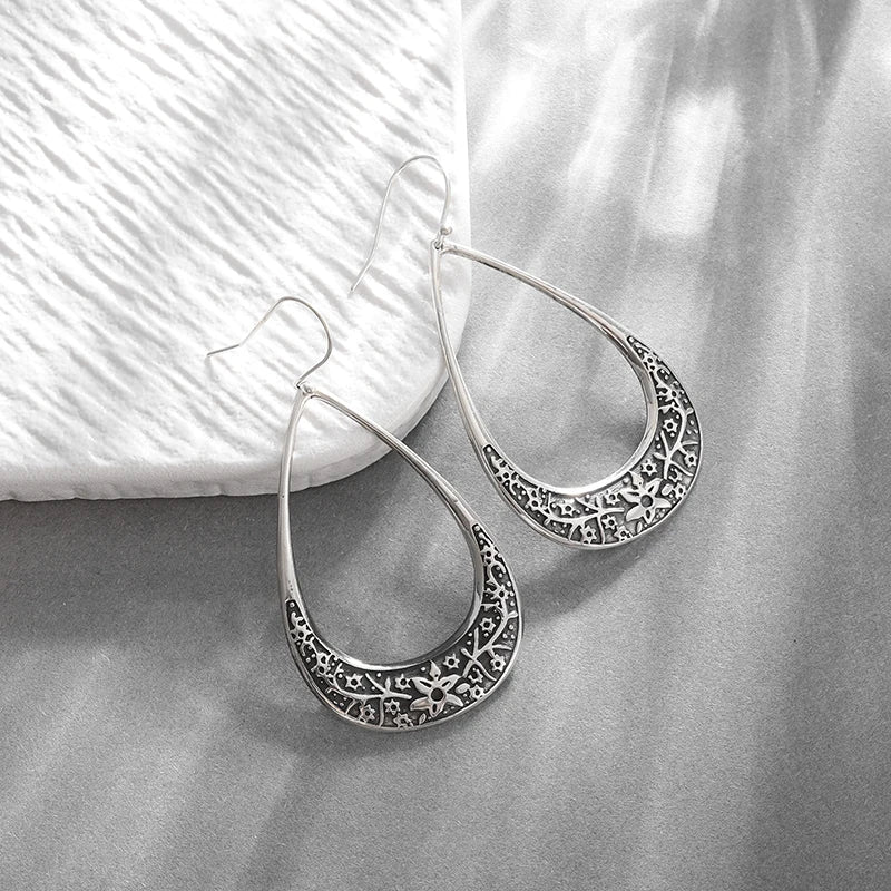 Silver-Plated Carved Flower Drop-Shaped Large Earrings Hypoallergenic Earrings for Women Retro Fashion Casual Party Jewelry