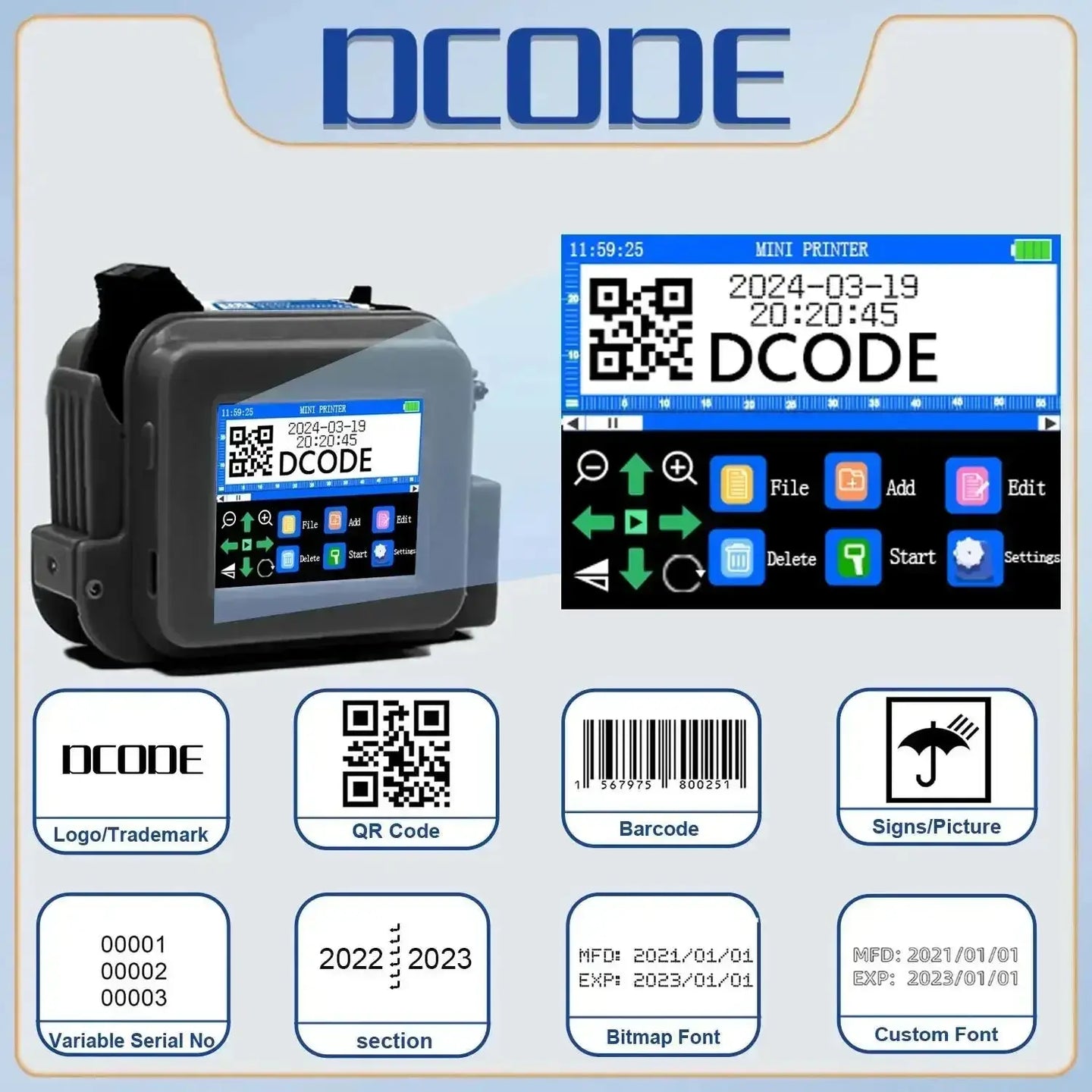 DCODE XMINI 12.7mm Portable Mini Printer Handheld Inkjet Printer Text QR Barcode Image Batch Number Logo Image Coding Machine