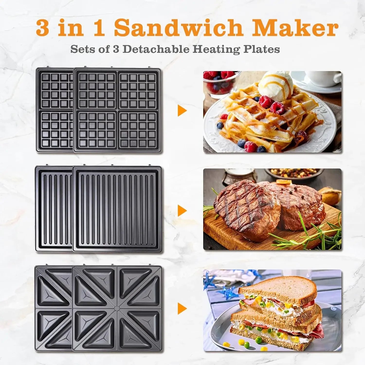 Taylor swoden - Bruno 3 en 1 sandwichera, gofrera, Prensa Panini, 1200W, tiene capacidad para 4 sándwiches, placas desmontables