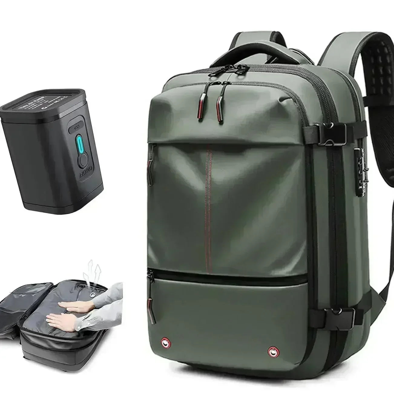 60L Airback Vacuum Compression Backpack with Wheels Expandable Men Waterproof Carry On Travel Backpacks 17 inch Laptop Backpack