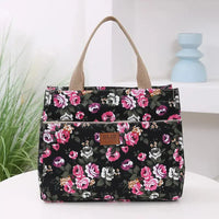 Fashion Floral Print Tote Bag, Portable Canvas Lunch Bag, Women's Casual Handbag & Bento Mommy Bag For Picnic Travel